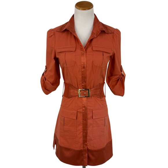 Vintage Y2K Bebe Rust Orange Belted Mini Shirt Dress w/Pockets & Satin Trim S - Picture 16 of 16